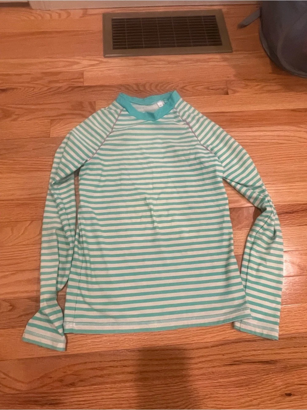 Boden Girls' Aqua and White Striped Long-Sleeve Rashguard